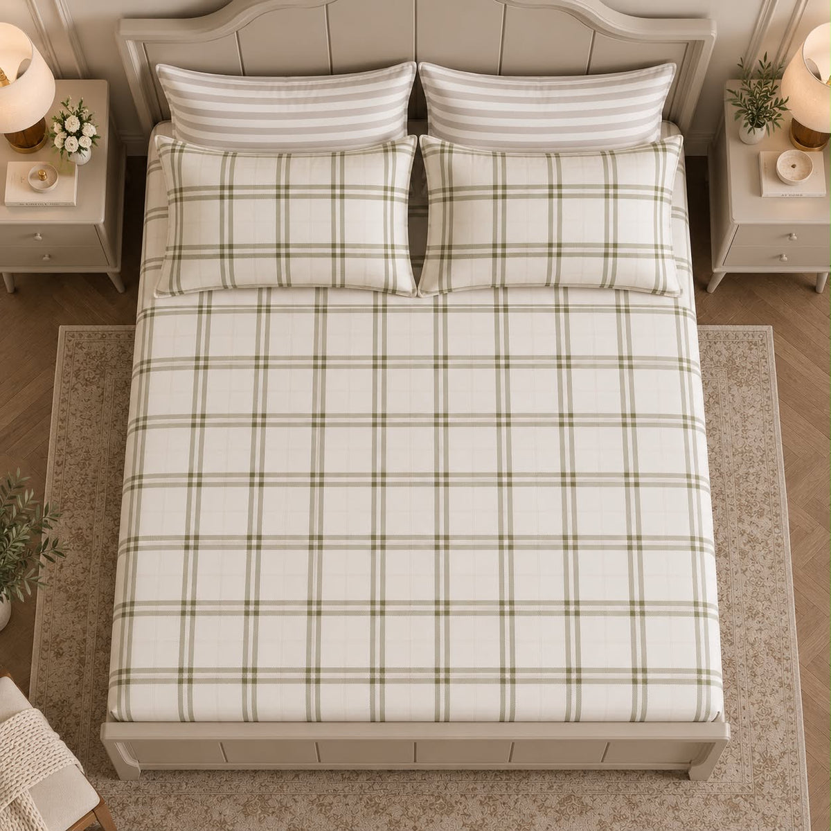 White checked bedsheet styled on a bed