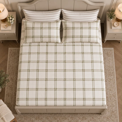 White checked bedsheet styled on a bed