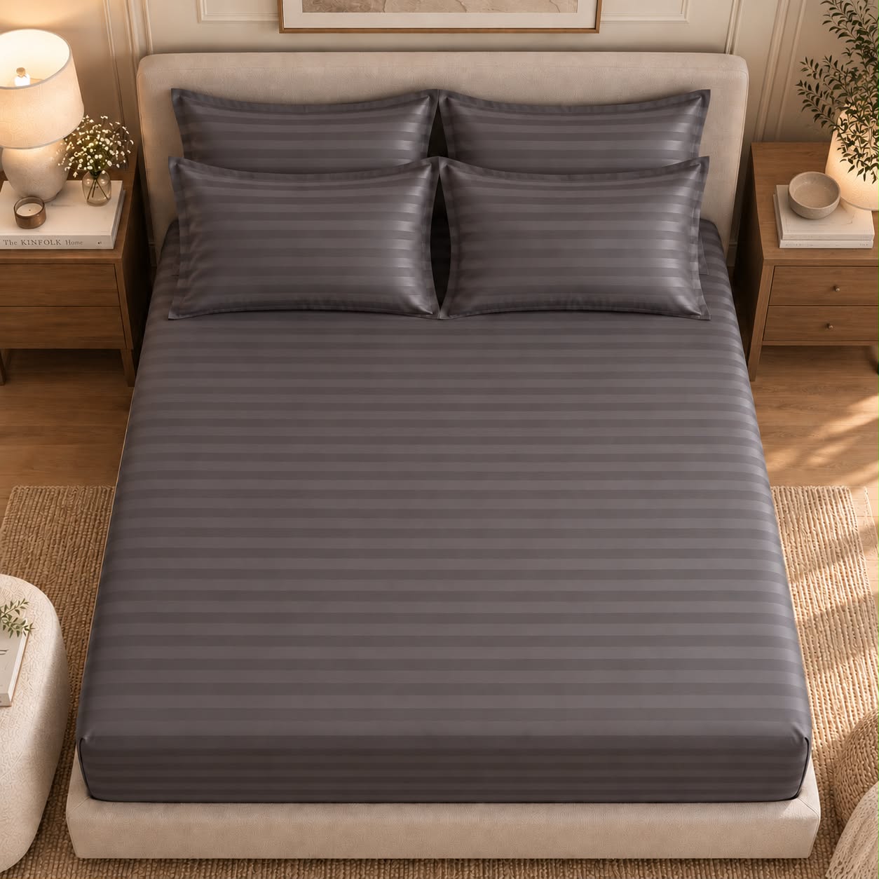 Charcoal bedsheet styled on a bed