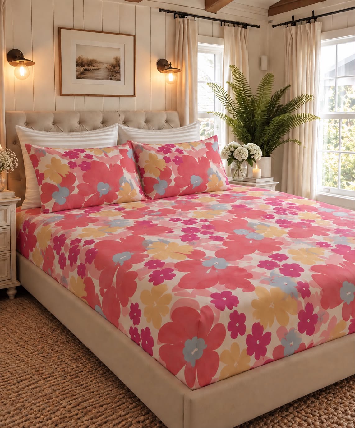 Pink Meadow floral printed queen size bedsheet set