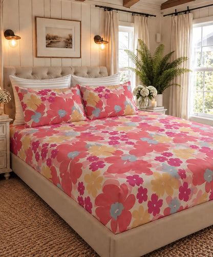 Pink Meadow floral printed queen size bedsheet set