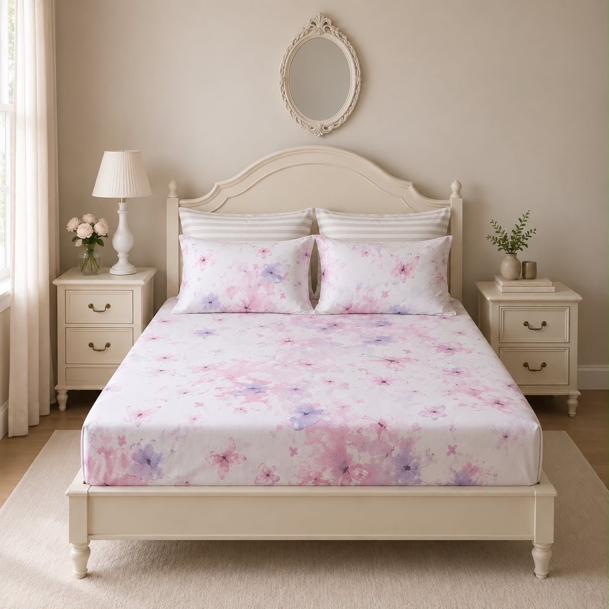 Blush pink butterfly print bedsheet on a bed