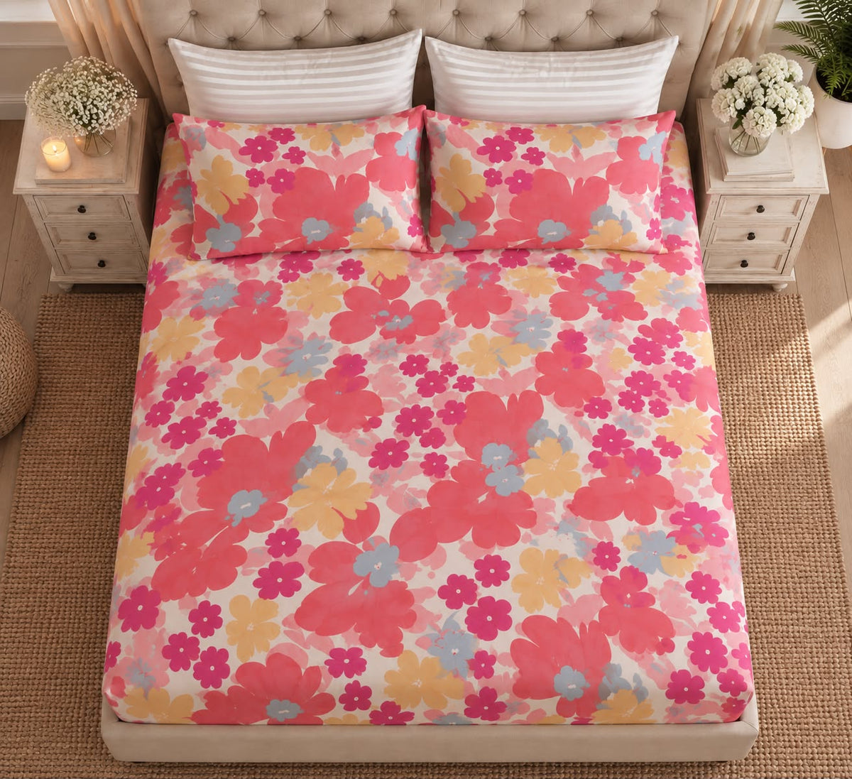 Pink Meadow bedsheet with matching pillow covers