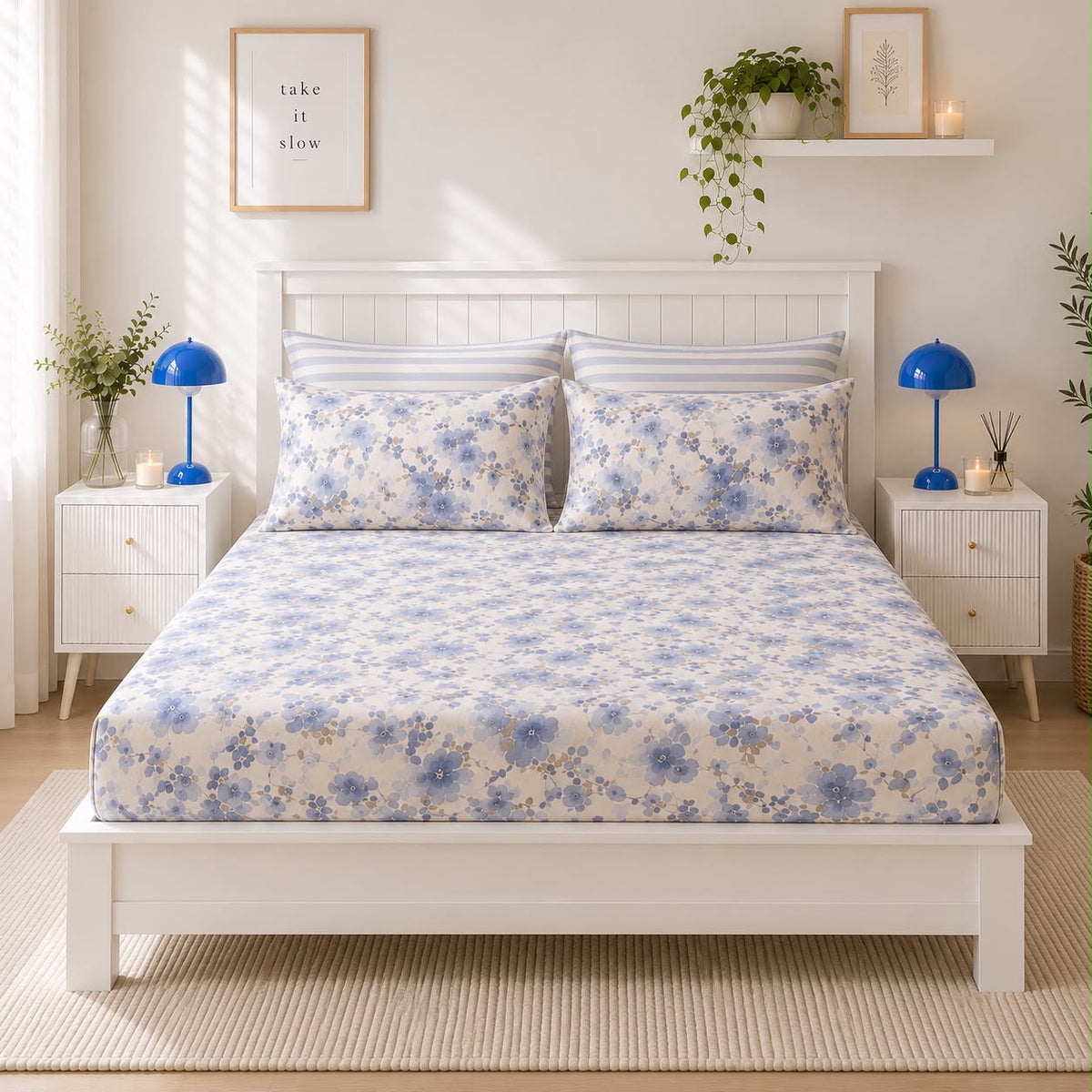 Lilac floral bedsheet styled on a bed