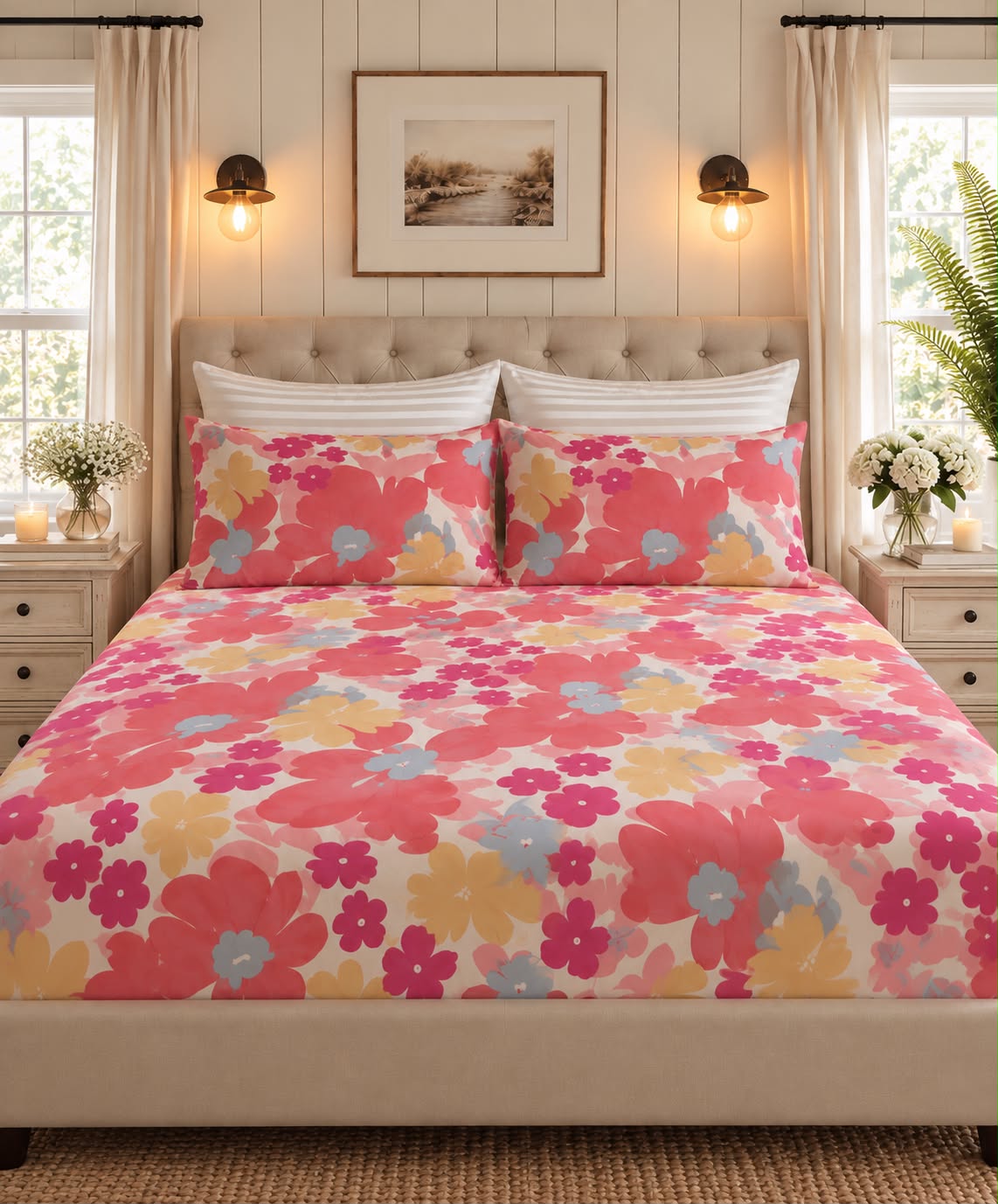 Pink floral bedsheet styled on a bed