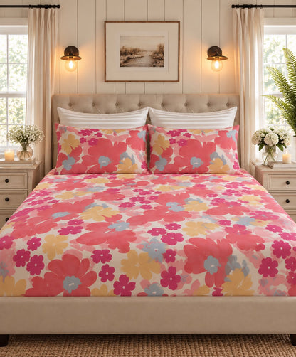 Pink floral bedsheet styled on a bed