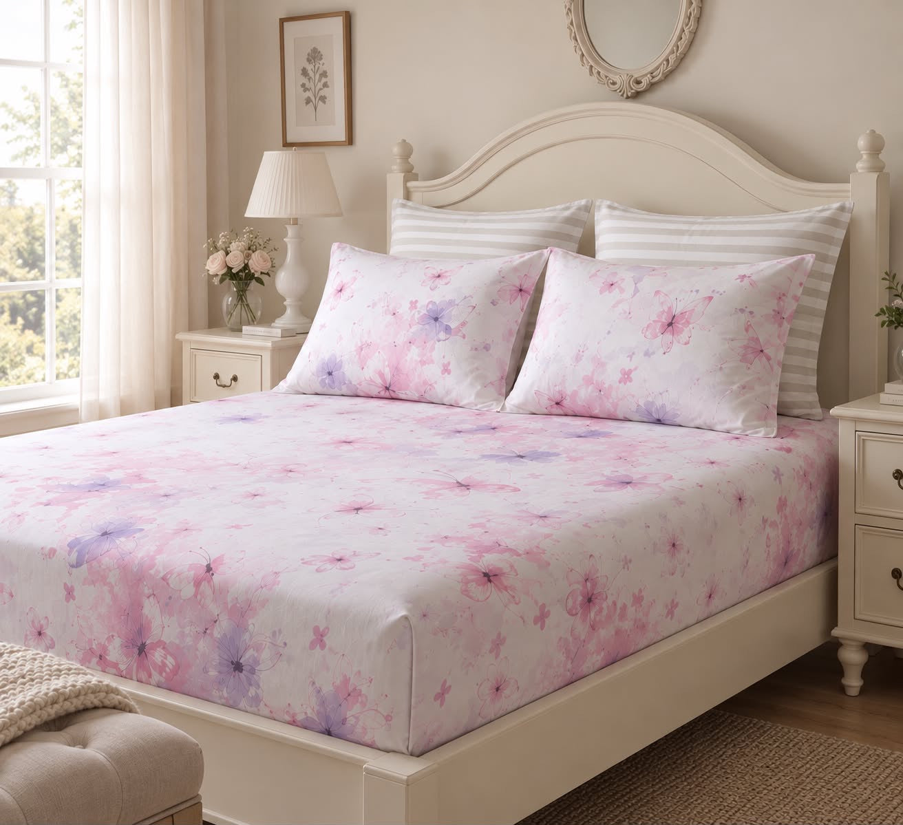 Butterfly Blush printed queen size bedsheet set