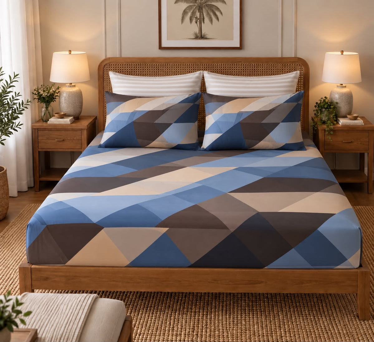 Blue geometric print bedsheet on a bed