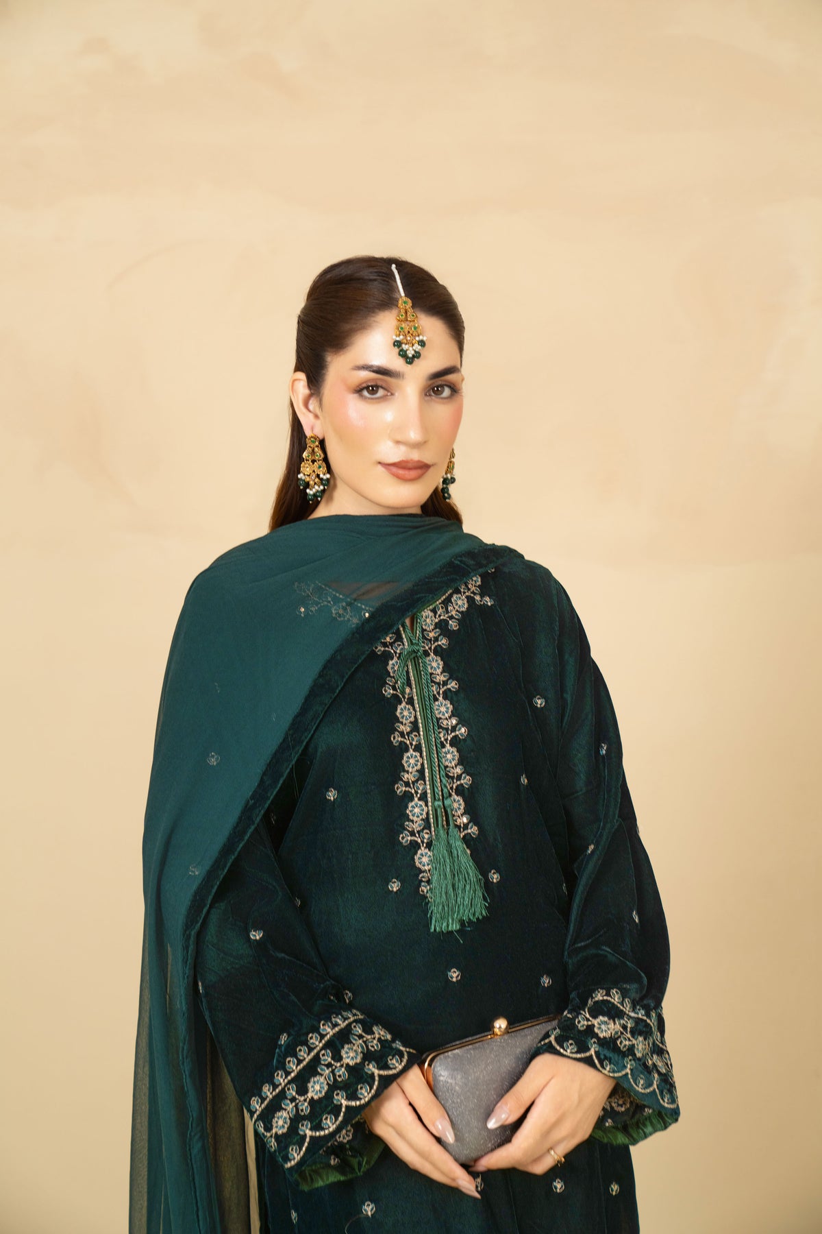 Laila bottle green velvet with chiffon dupatta