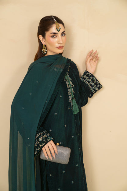 Laila bottle green velvet shirt and straight pants