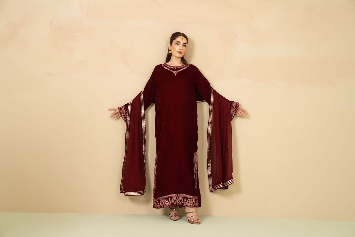 Gul-e-Rana maroon embroidered velvet long shirt