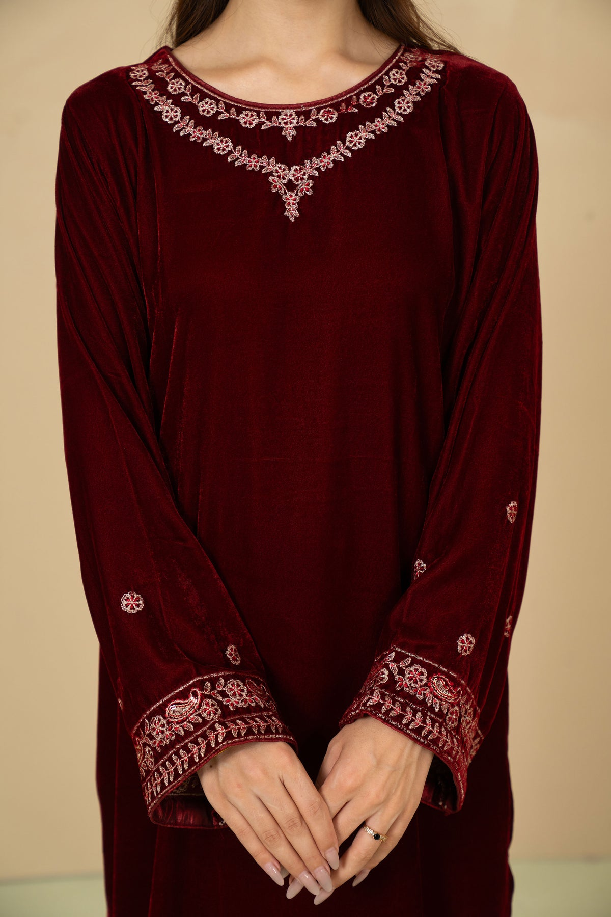 Maroon embroidered velvet stitched suit by Tiraz