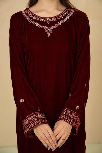 Maroon embroidered velvet stitched suit by Tiraz
