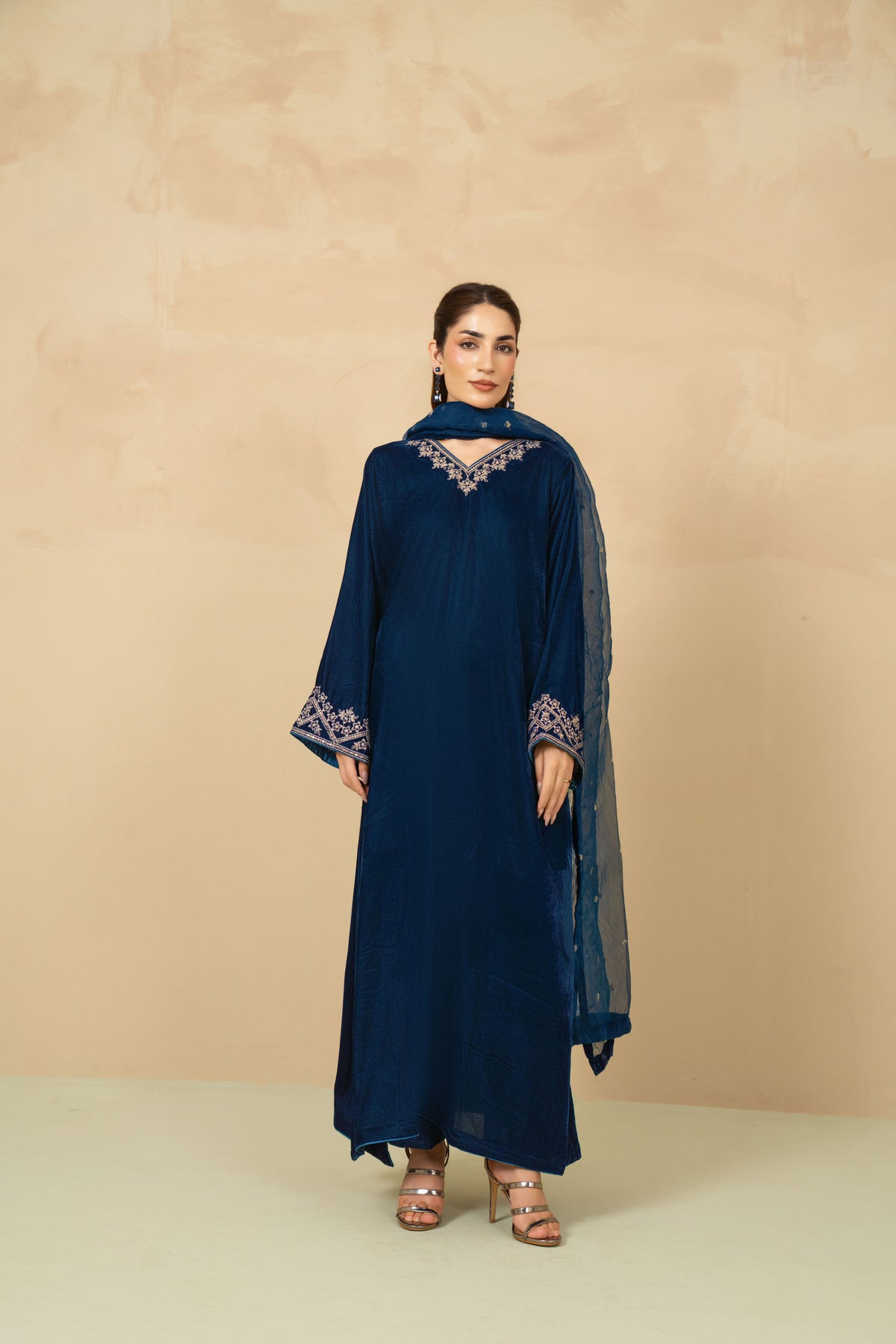 Nyla teal blue velvet stitched 3 piece suit