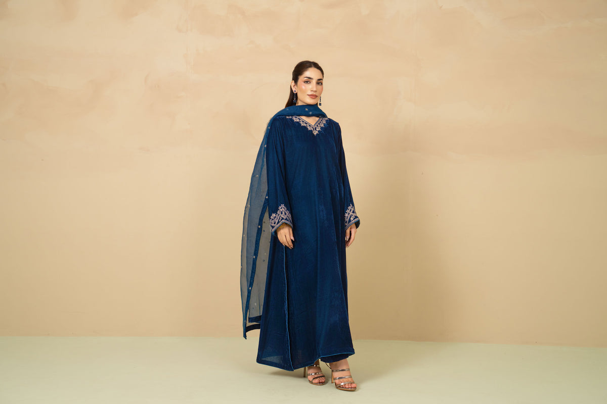 Nyla teal blue velvet with embroidered chiffon dupatta