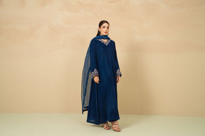 Nyla teal blue velvet with embroidered chiffon dupatta