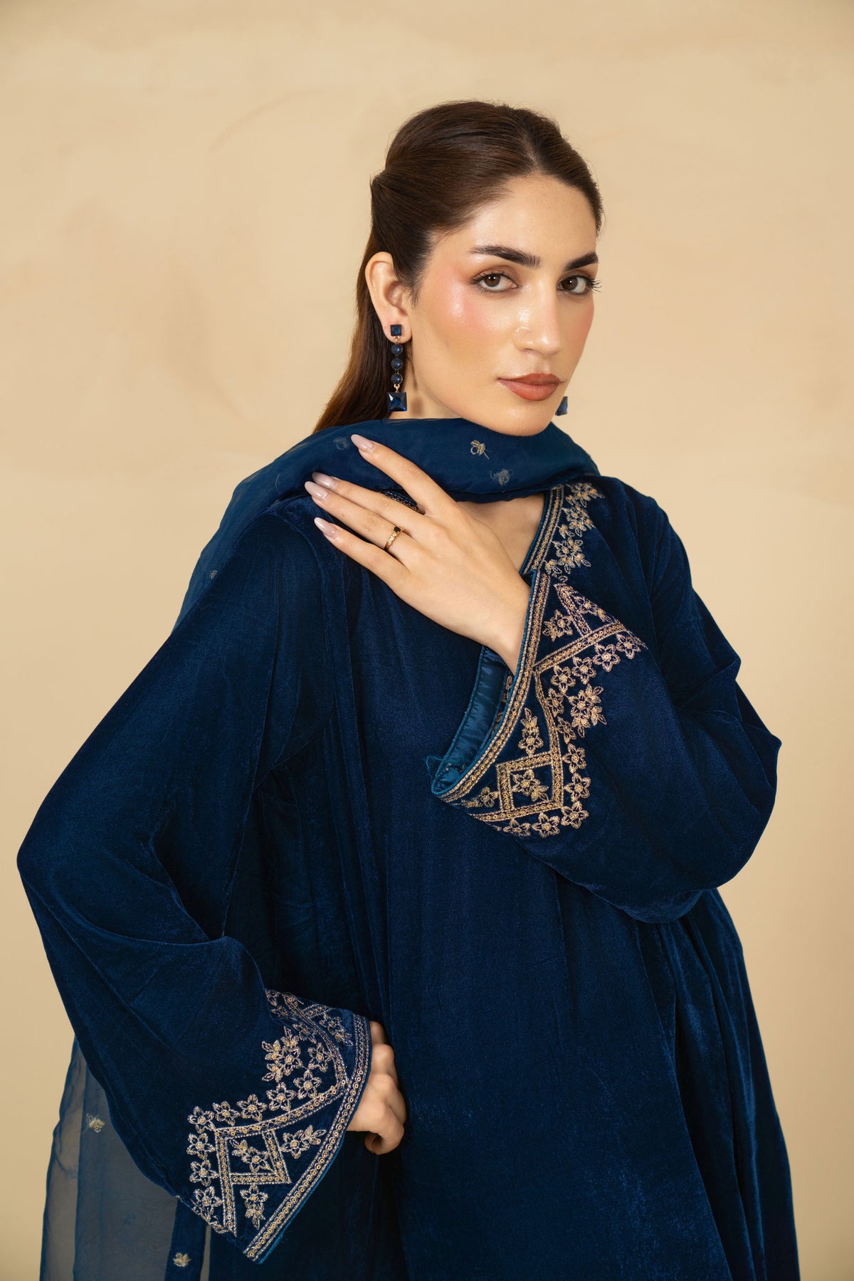 Nyla teal blue velvet shirt and straight pants