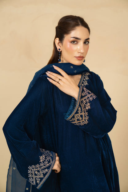 Nyla teal blue velvet shirt and straight pants