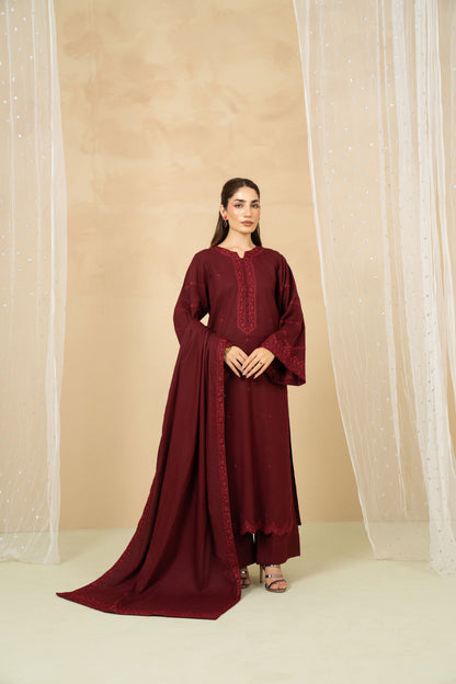 Model wearing Crimson maroon embroidered long shirt
