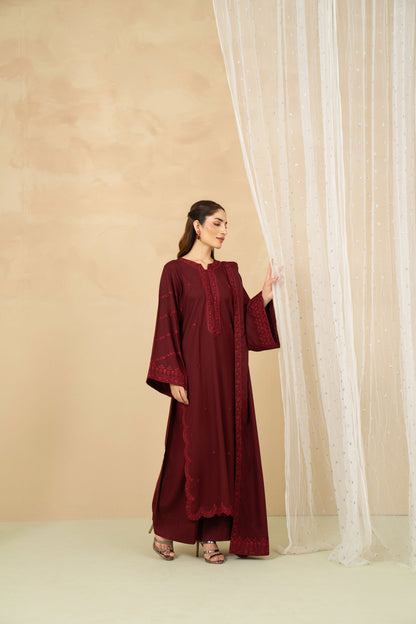 Crimson maroon marina embroidered long shirt and trousers