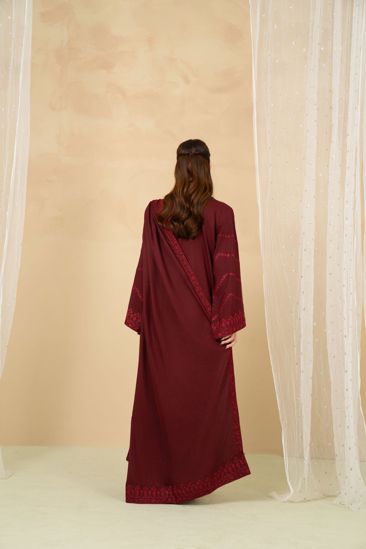Maroon embroidered marina stitched suit by Tiraz