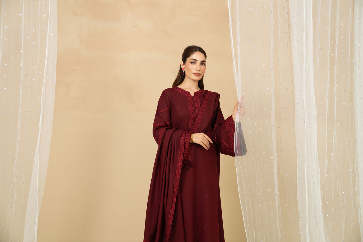 Maroon marina 3 piece with embroidered dupatta by Tiraz