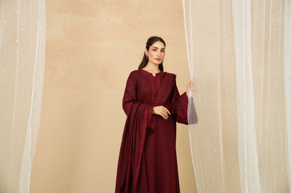 Maroon marina 3 piece with embroidered dupatta by Tiraz