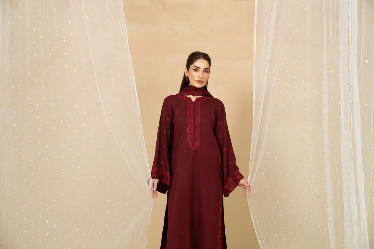 Crimson maroon embroidered marina suit styled look