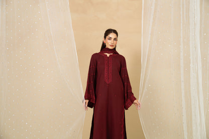 Crimson maroon embroidered marina suit styled look