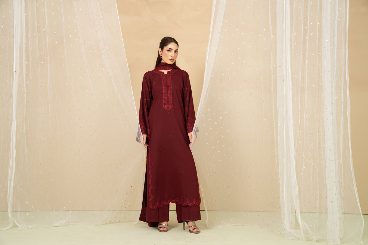 Crimson maroon marina three piece ready to wear