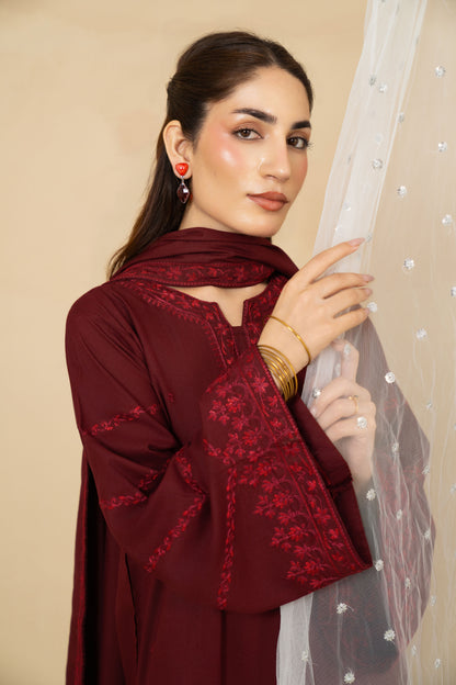 Crimson maroon marina suit with loose straight trousers