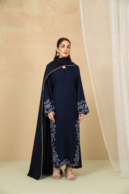 Model wearing Moonstone navy blue embroidered long shirt
