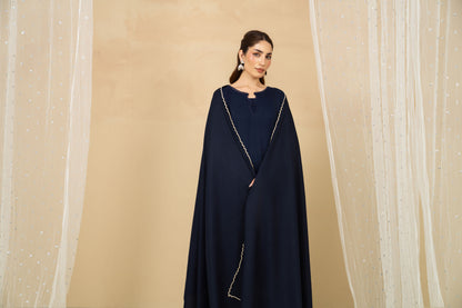 Model wearing Moonstone navy blue marina three piece