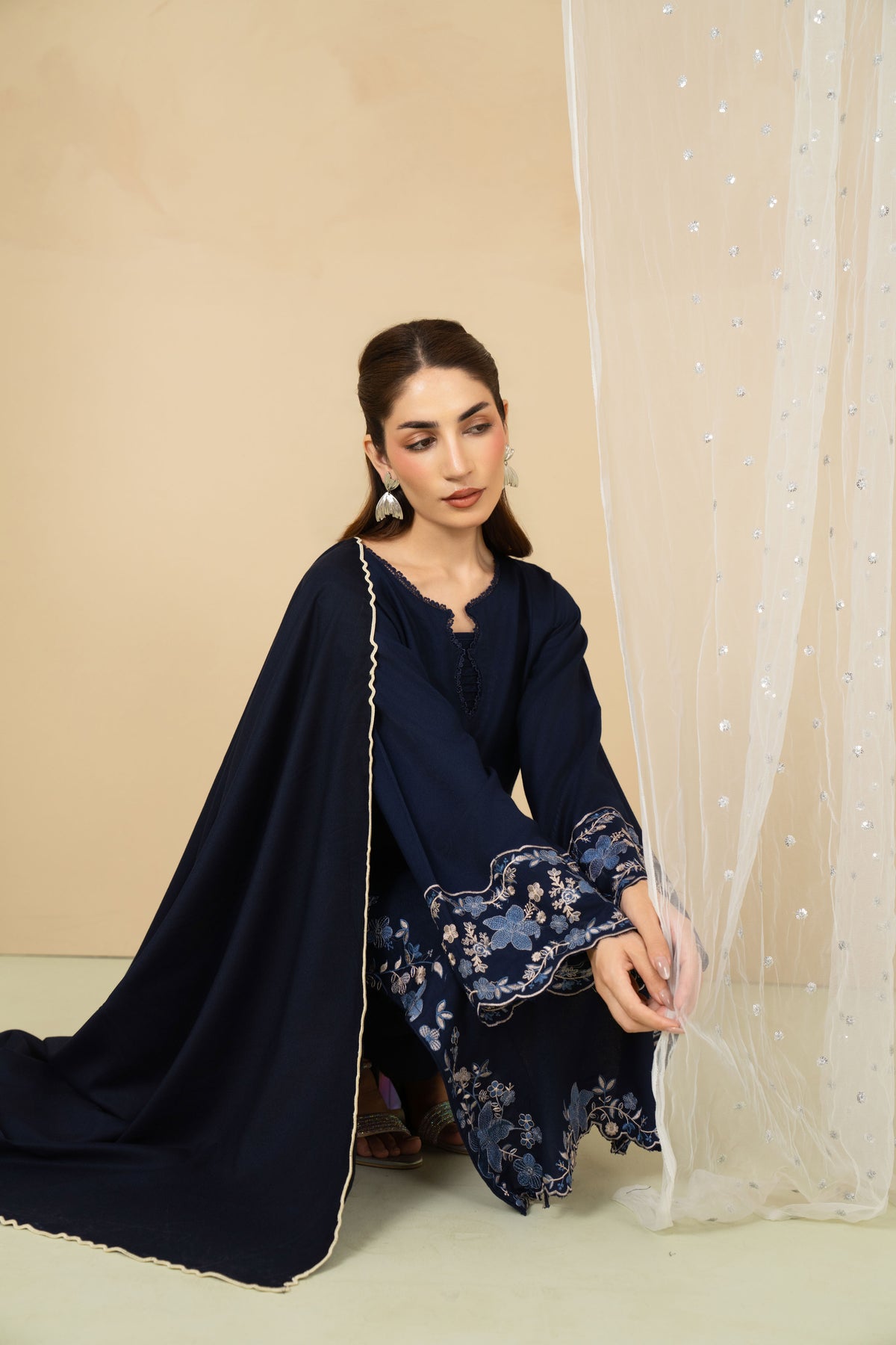 Navy blue embroidered marina stitched suit with shawl