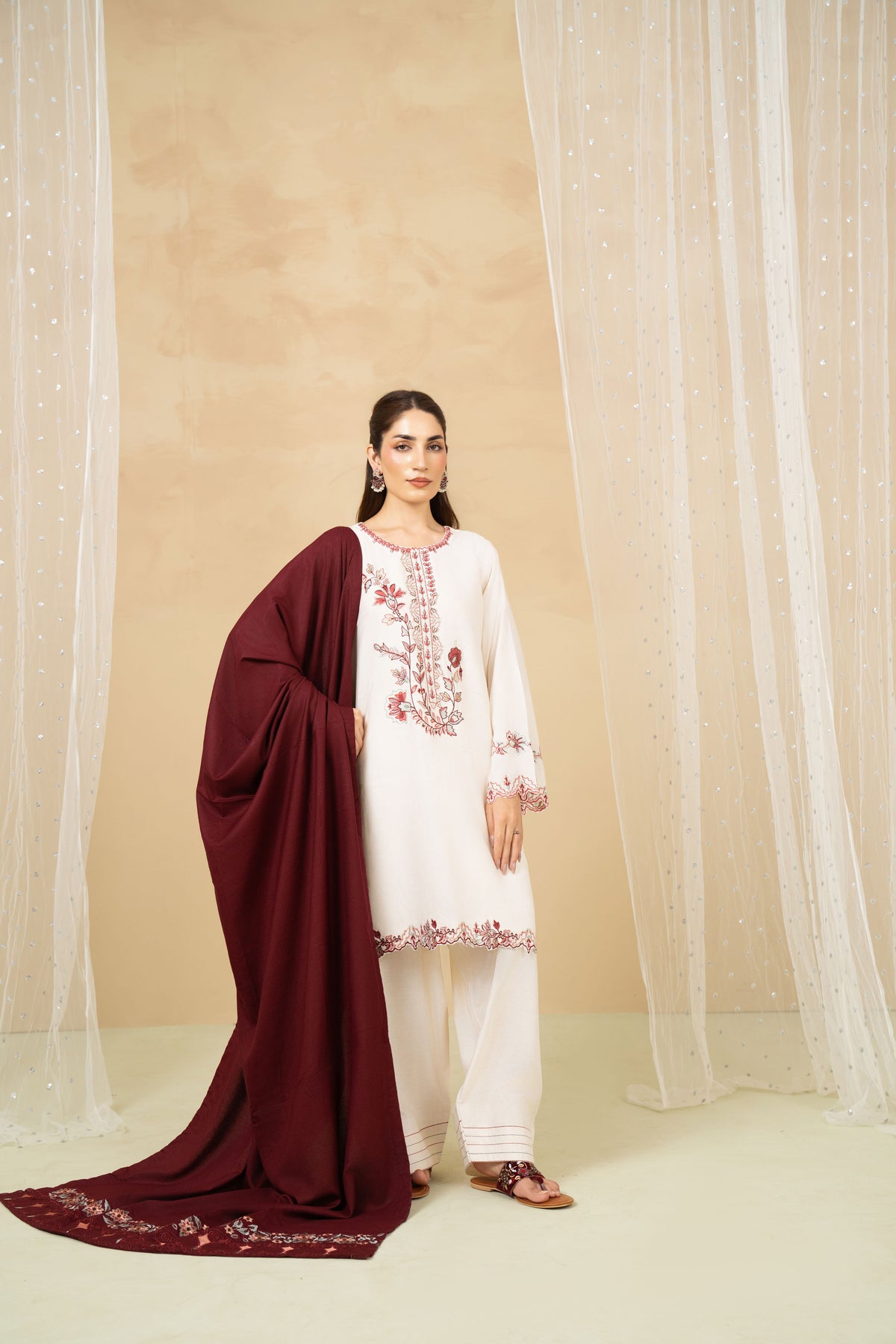 Moonlight ivory karandi stitched 3 piece suit with shawl