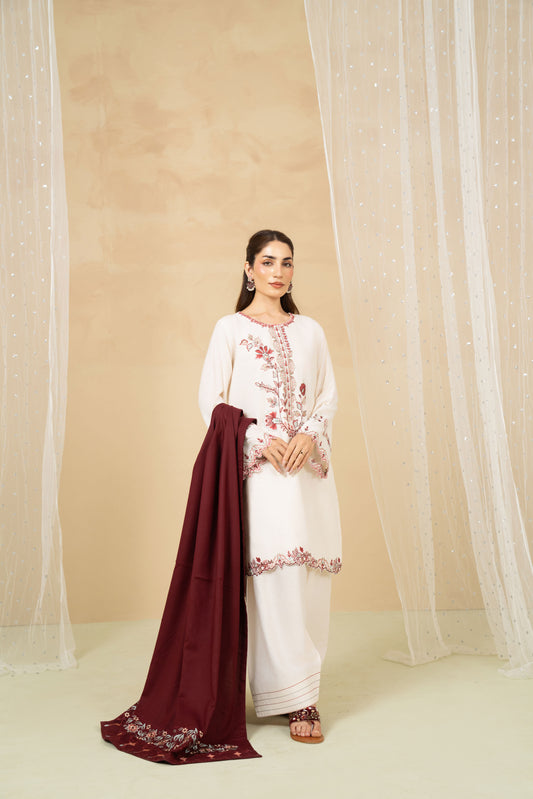 Model wearing Moonlight ivory farshi shalwar suit