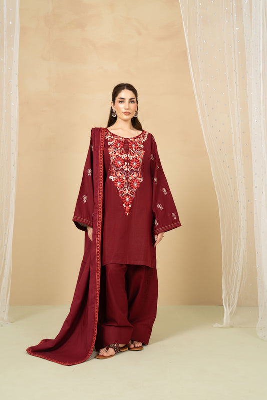Garnet maroon khaddar stitched 3 piece suit with shawl