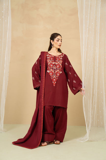Model wearing Garnet maroon farshi shalwar suit