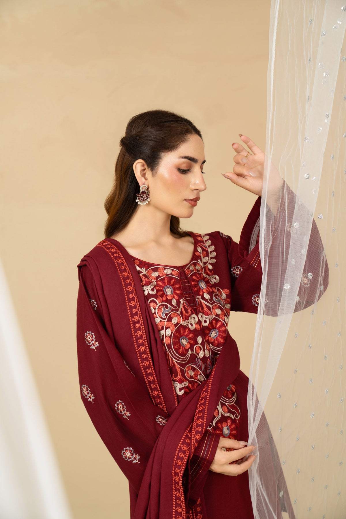 Garnet embroidered marina shawl detail