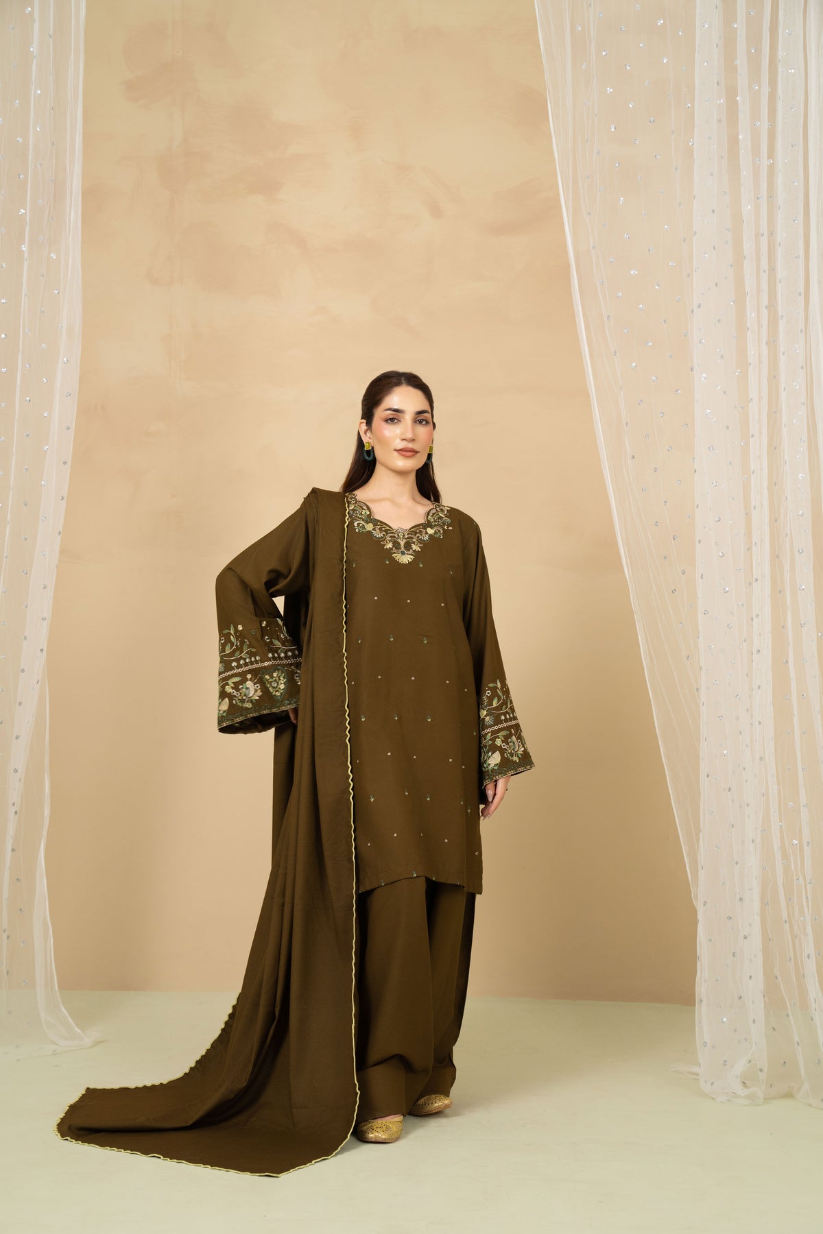 Moss olive marina stitched 3 piece suit with shawl