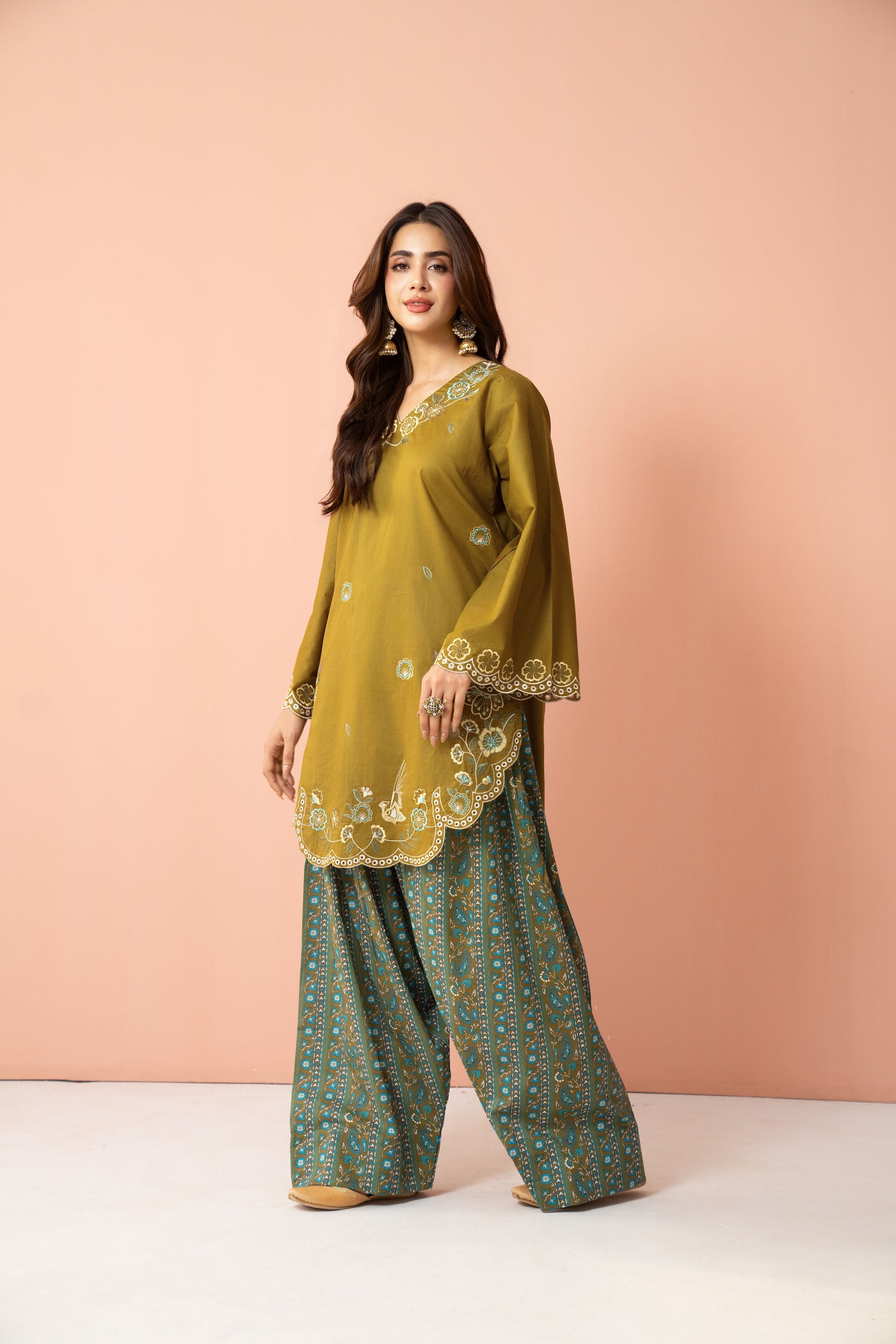 Olive green embroidered short shirt