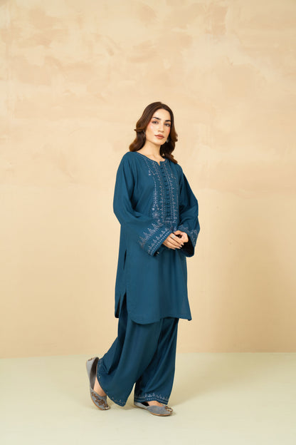 Model wearing Haze zinc farshi shalwar suit