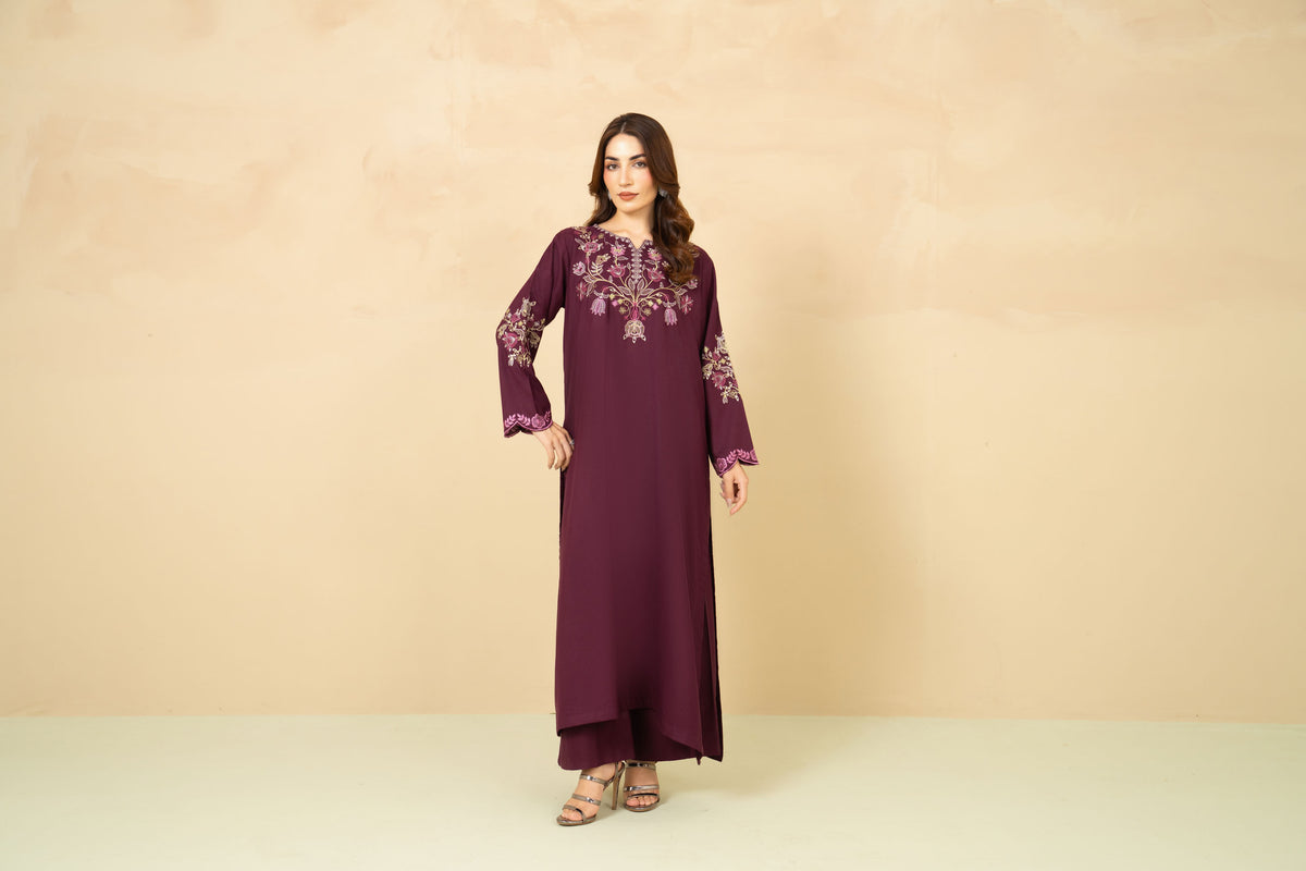 Mulberry plum embroidered long A-line shirt