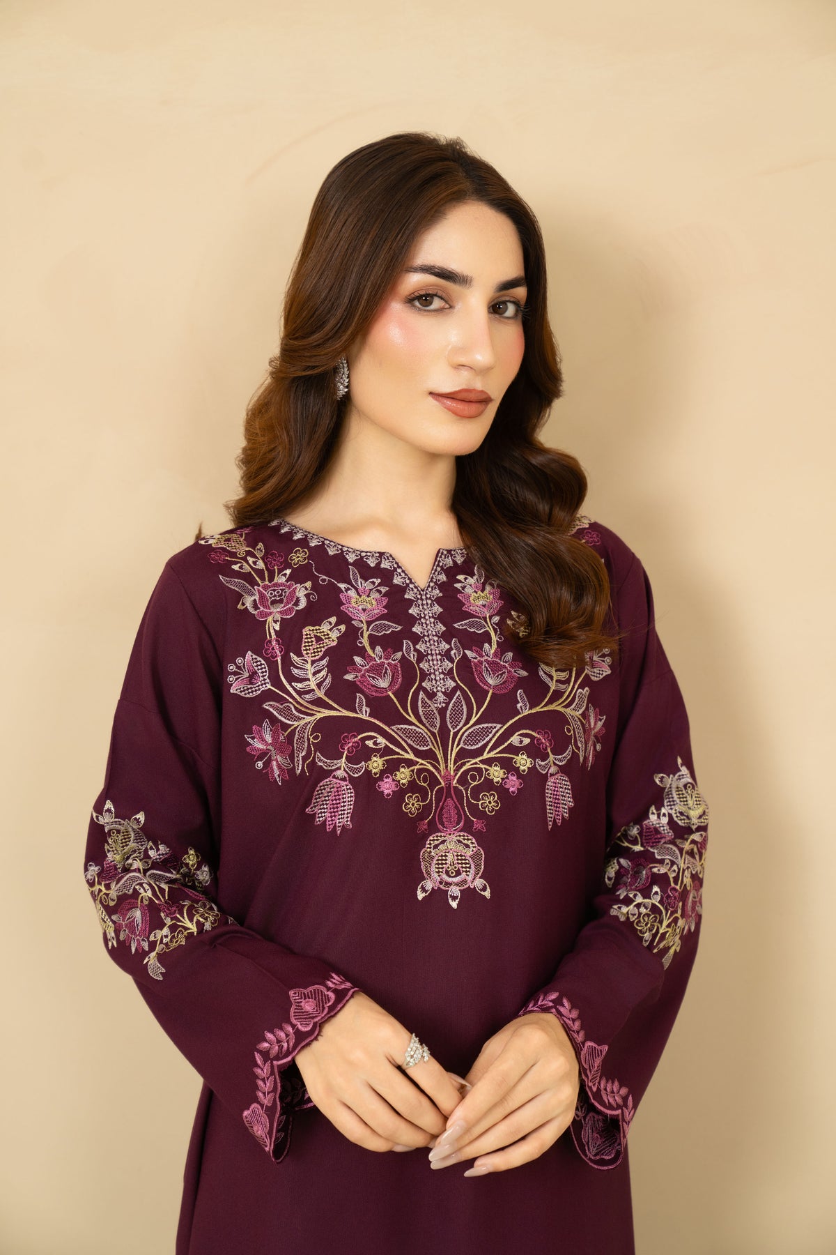 Model wearing Mulberry plum marina two piece