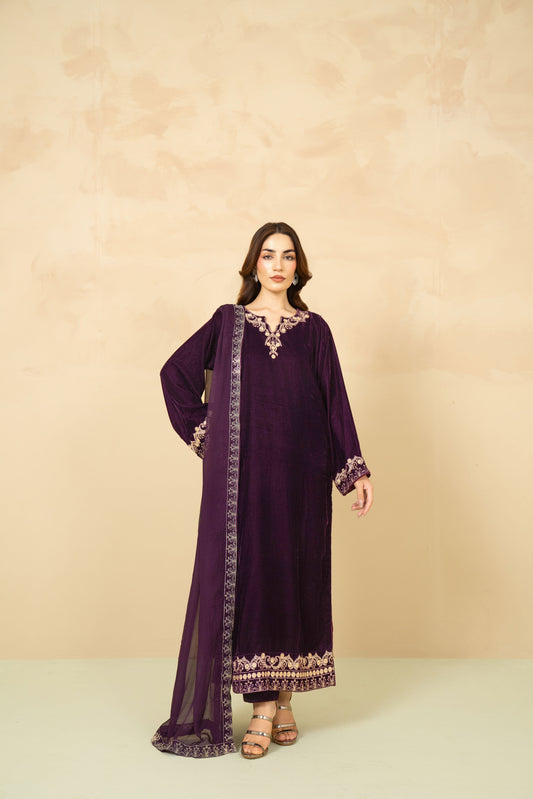 Mahveen purple velvet stitched 3 piece suit