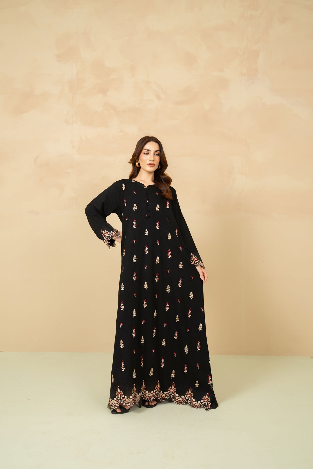Model wearing Midnight black jalabiya kaftan