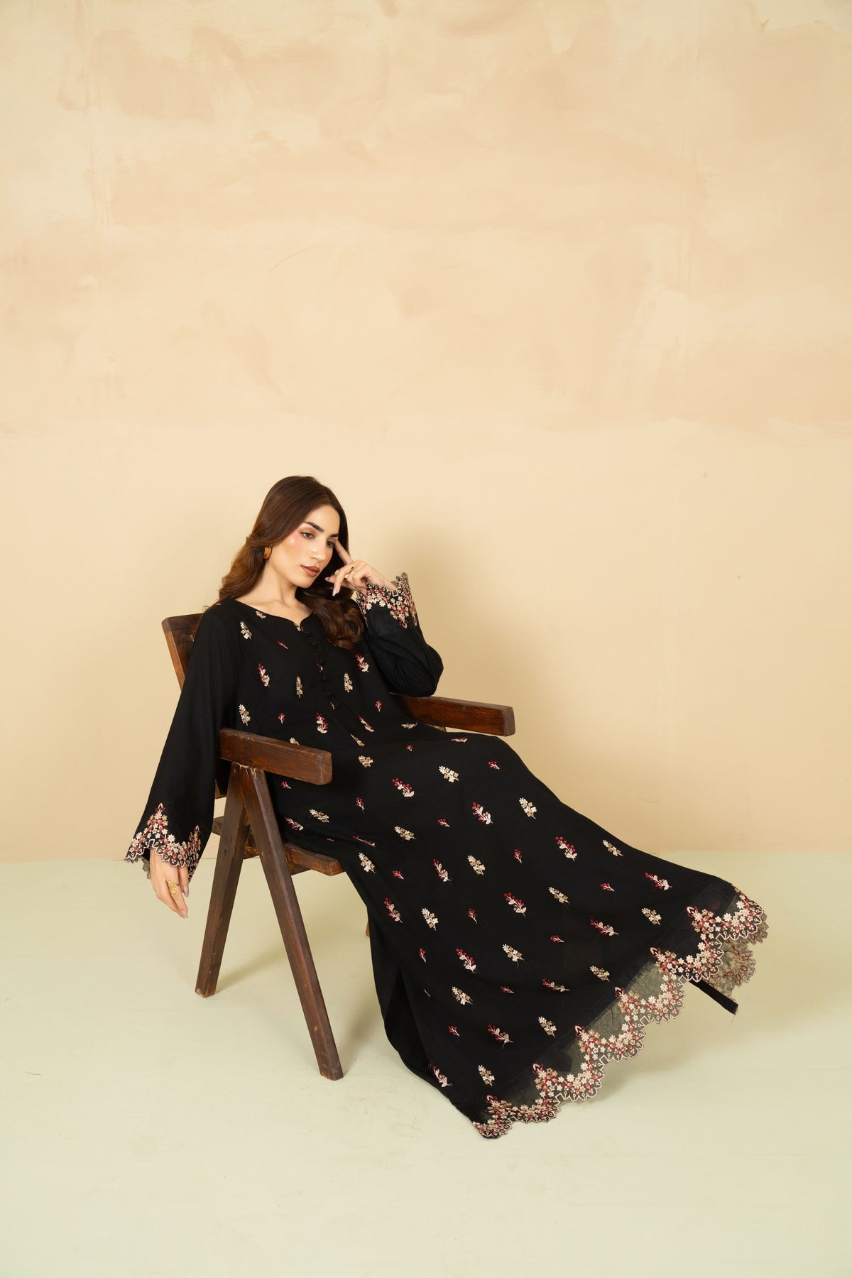 Midnight black kaftan embroidery close up