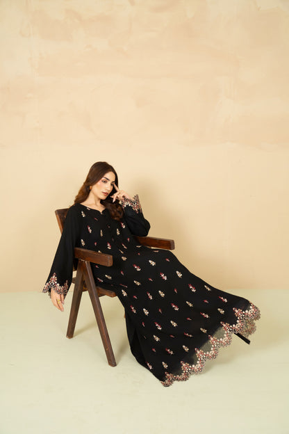 Midnight black kaftan embroidery close up