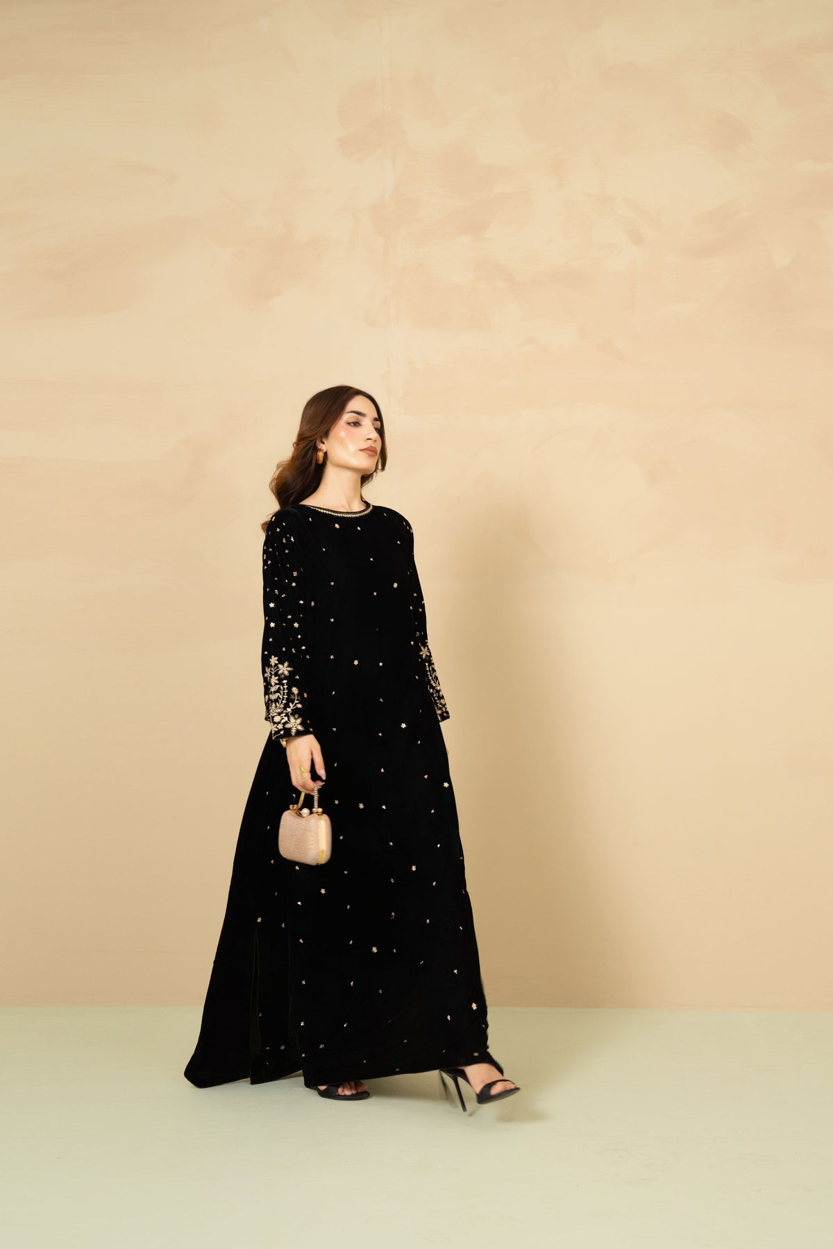 Shabnam black velvet jalabiya with all-over embroidery