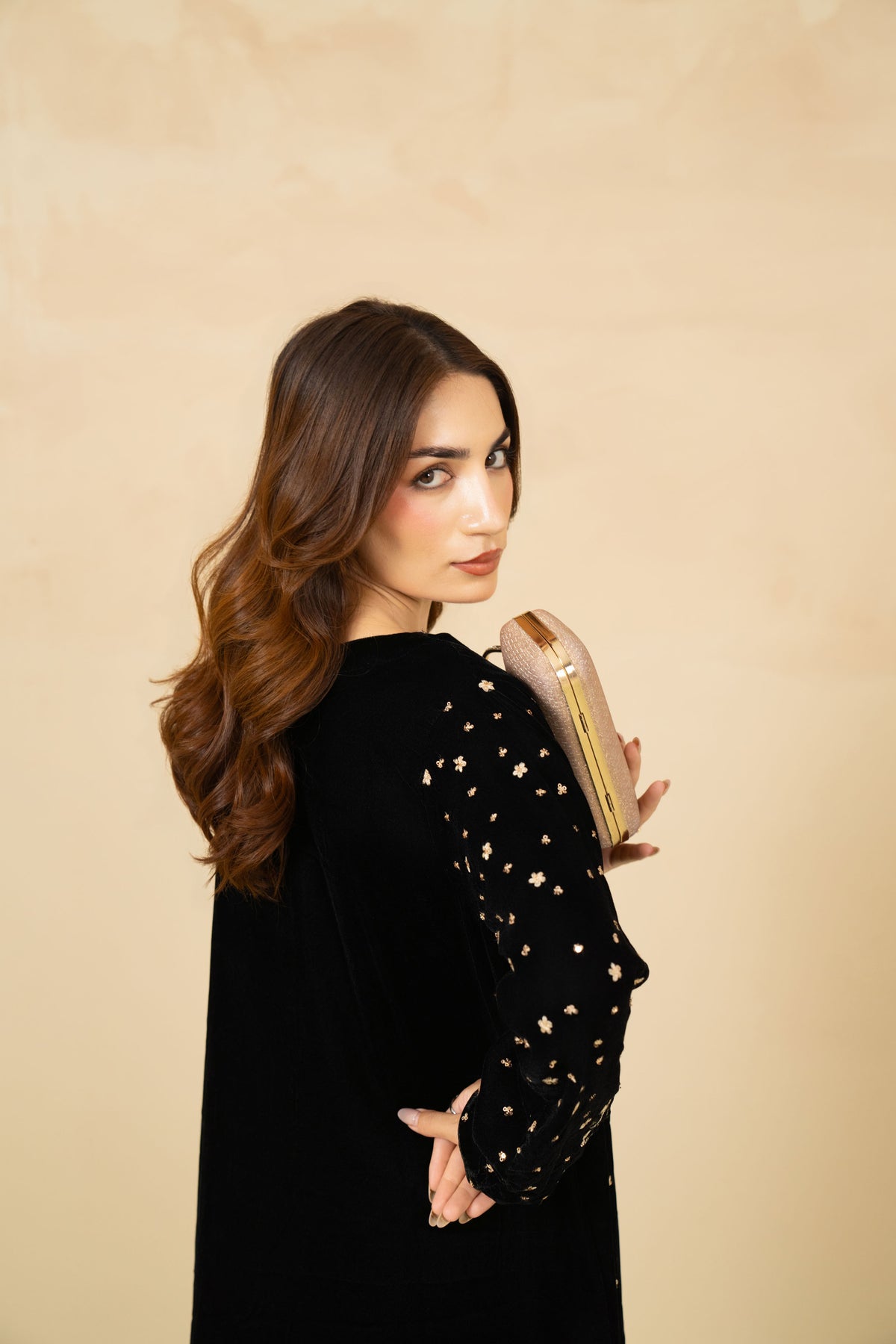 Shabnam black velvet kaftan and straight trousers